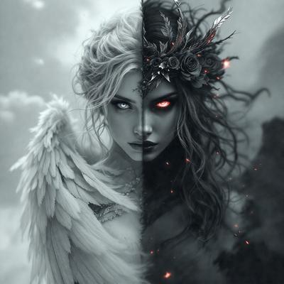 The primary subject of the image is a woman with a mix of angelic and demonic features. She has a white and black color scheme, with a white dress and black wings. The setting is a dark, cloudy sky, which adds to the overall mood of the image. The visual style is a combination of digital art and illustration, creating a unique and intriguing scene. The colors and mood convey a sense of mystery and contrast, as the woman's appearance is a blend of good and evil.